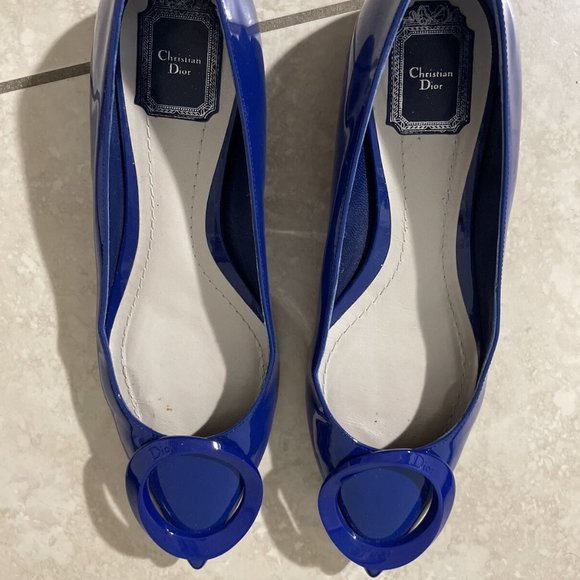 Christian Dior Blue Patent Leather Pointed Toe Ballet Flats Size 8 EU 38 - Picture 1 of 9